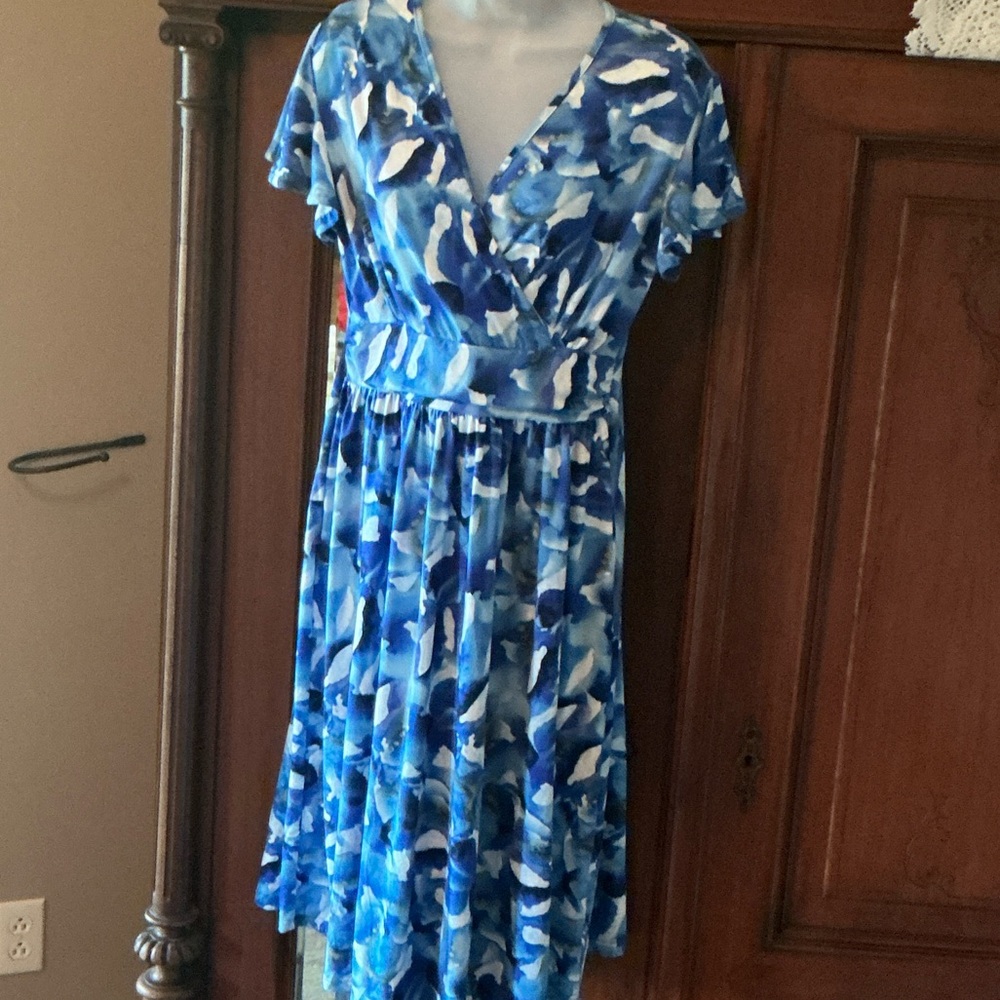 Blue Water Color Print Midi Dress